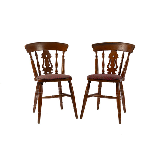A pair of 19th Century vintage French alpine chalet chairs with red and grey fabric from Annecy
