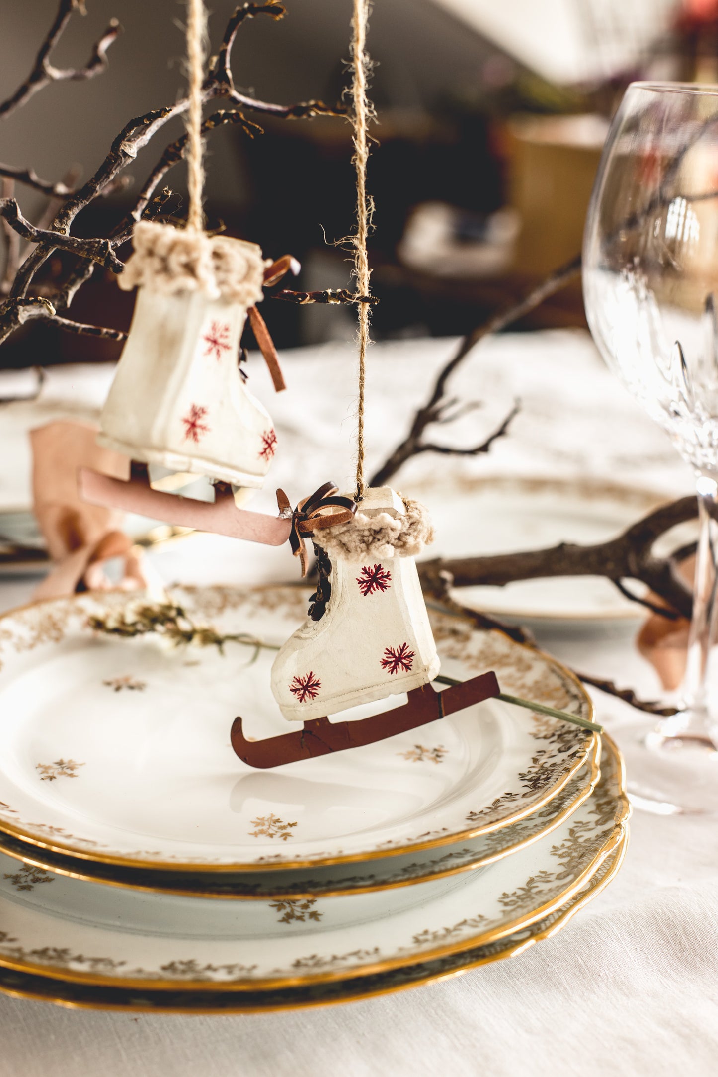 Antique French 'Limoges' 49-piece dinner set with beautiful floral and lace gold leaf design with gold painted edges.