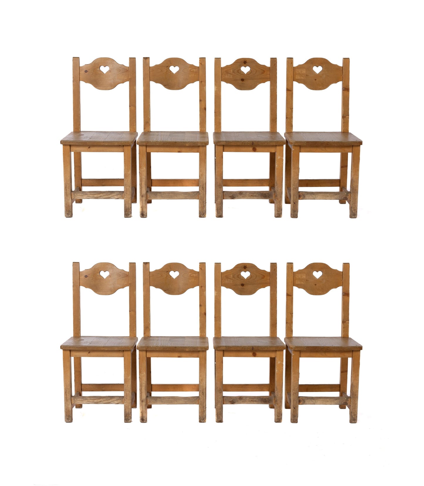 Popular vintage French solid pine chairs with love heart cut outs. Made by local artisan in The French Alps.