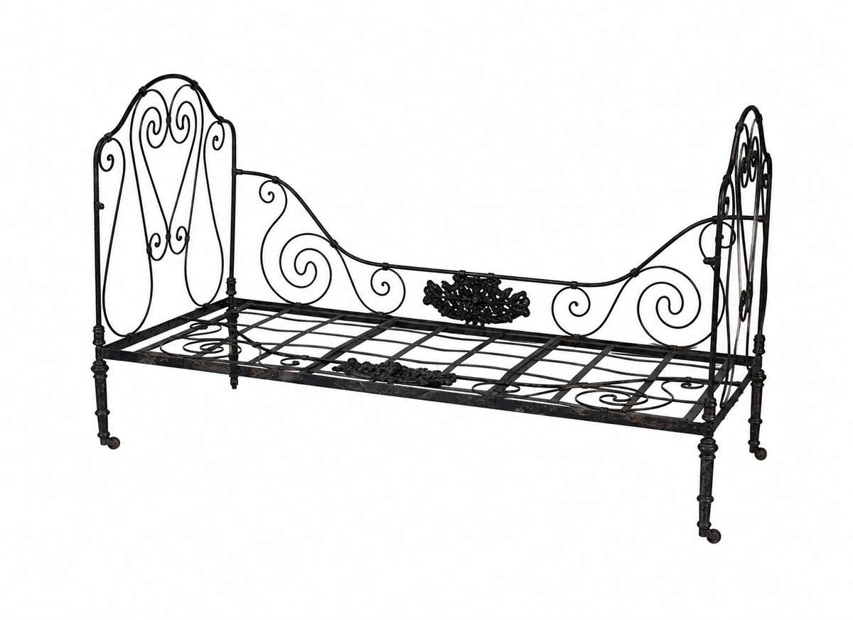 Beautiful and large dark metal daybed on small castors with lovely hand forged iron motifs from an estate near Annecy