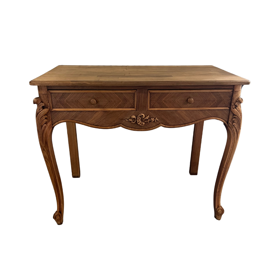 Beautiful Vintage French vanity with cabriole legs, floral carvings and a lovely parquetry top.