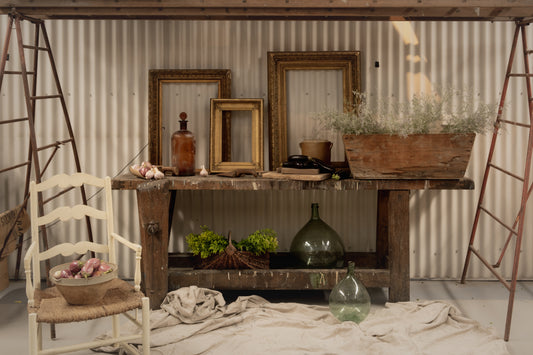 Antique French rustic Etabli work bench from a farmhouse in Chamonix with aged paint splatters and a charming aged patina