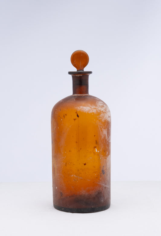 Beautiful Antique French 19th Century oversized Amber Apothecary collectible pharmacy bottle with original amber stopper and timeworn character from Provence