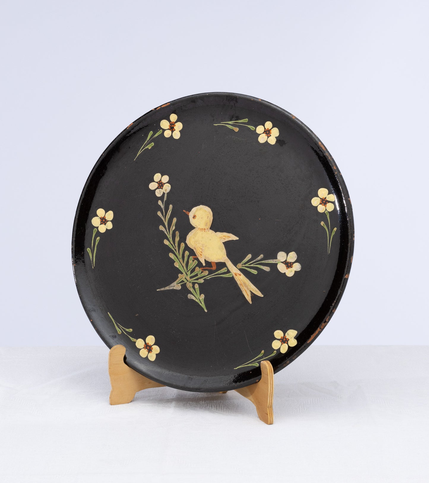Beautiful hand painted glazed ceramic serving platter with bird and pretty floral motifs from the French Alps - lovely and old
