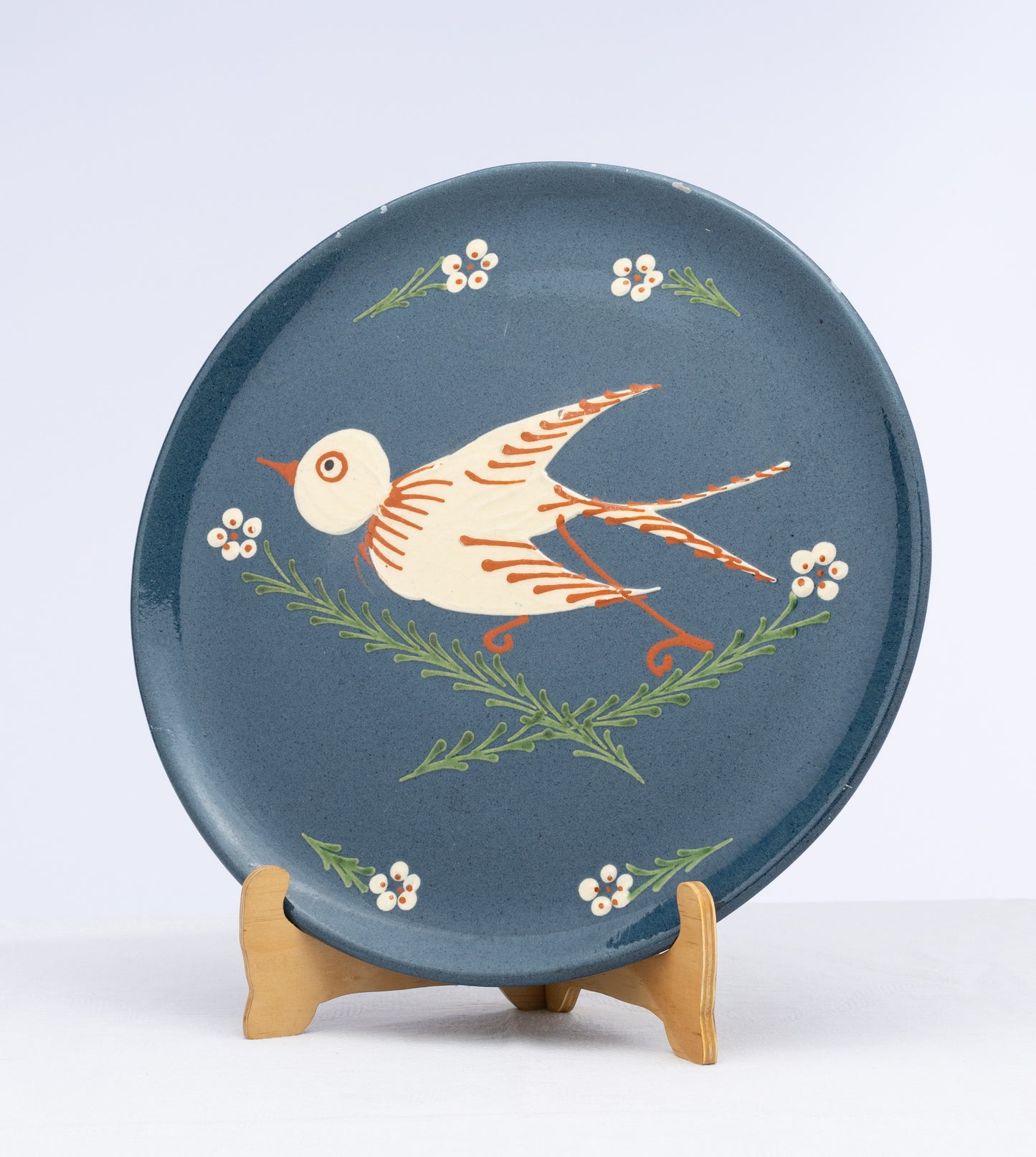 Beautiful antique French large blue glazed serving platter with bird and floral design from Annecy