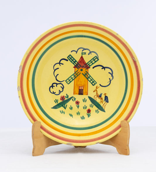 Vintage French hand painted yellow bowl with windmill and striped design signed Quimper