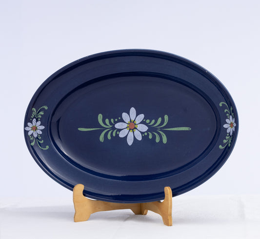 French Savoyard large oval blue glazed serving platter with floral designs from Annecy