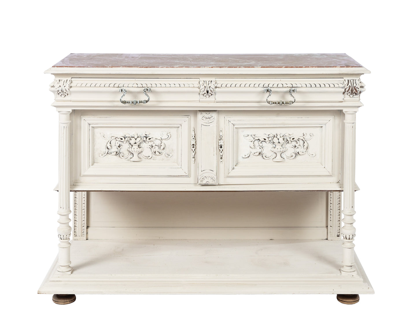 A lovely Antique French marble top console table in a cream paint featuring a lower shelf and two generous storage drawers. Cracked marble.