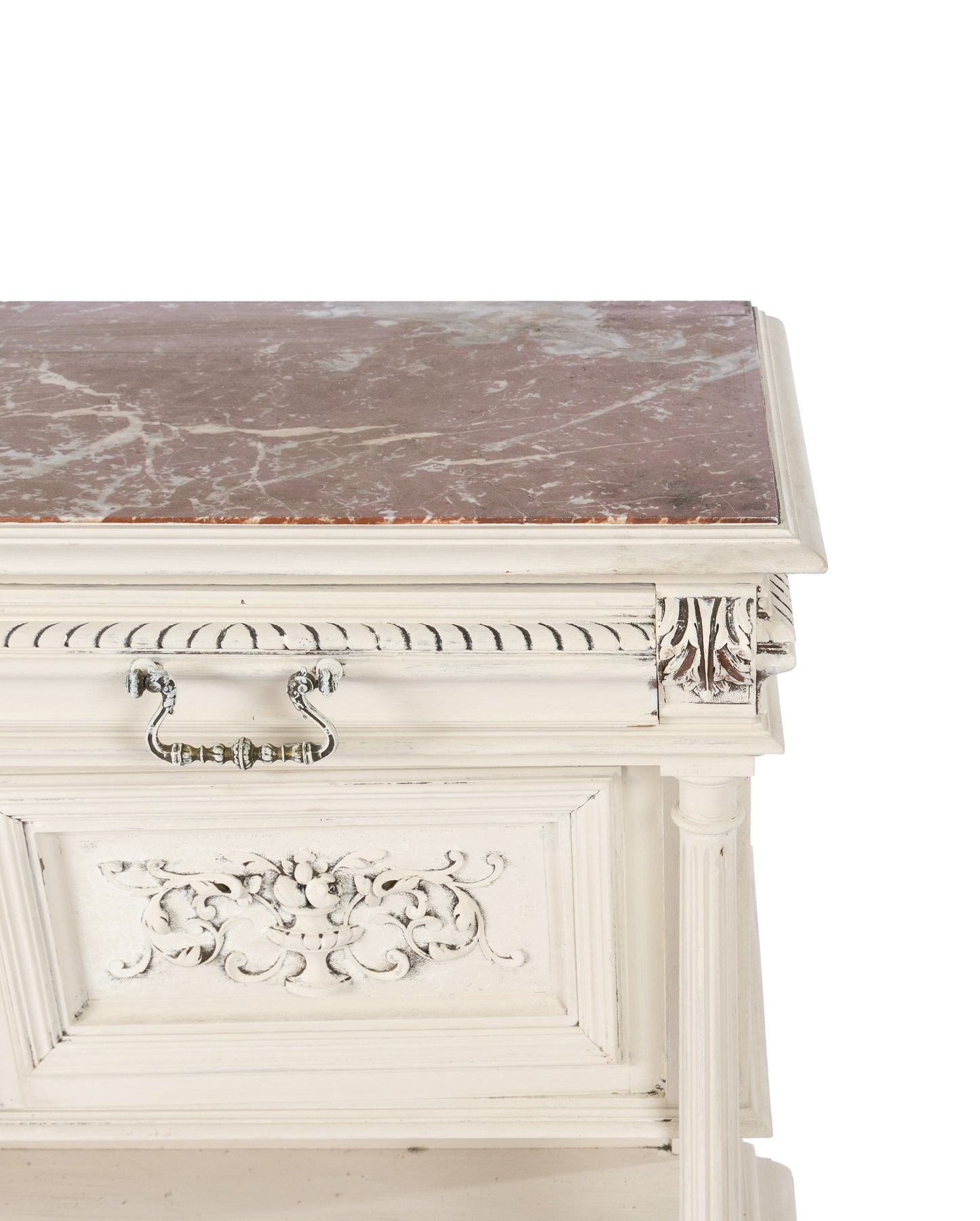A lovely Antique French marble top console table in a cream paint featuring a lower shelf and two generous storage drawers. Cracked marble.