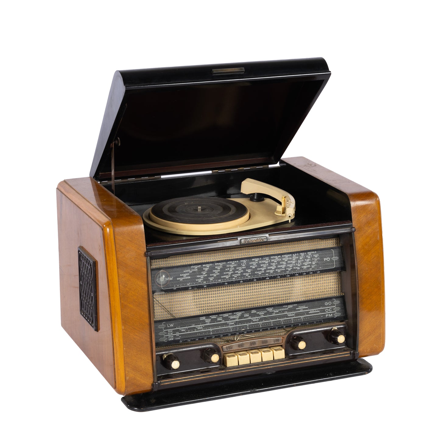 Mid century French Radio and turntable combination unit from the 1950's combining Art Deco and Modernist influences. Featuring multiple French frequency bands. A true collectors item.