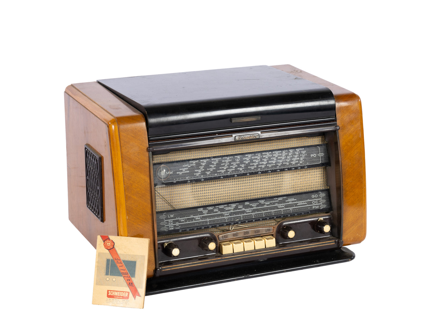 Mid century French Radio and turntable combination unit from the 1950's combining Art Deco and Modernist influences. Featuring multiple French frequency bands. A true collectors item.
