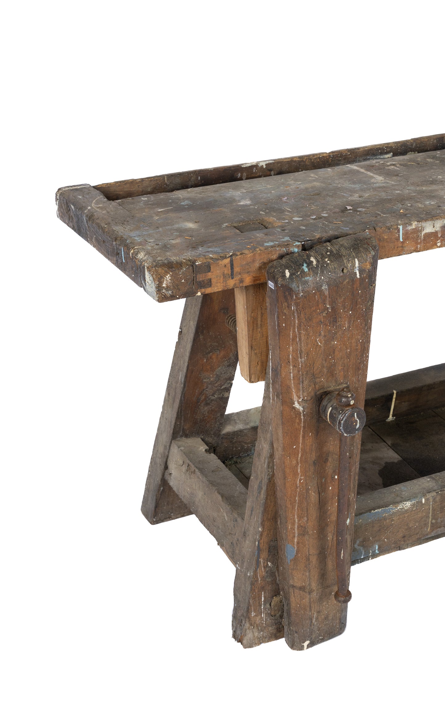 Antique French rustic Etabli work bench from a farmhouse in Chamonix with aged paint splatters and a charming aged patina