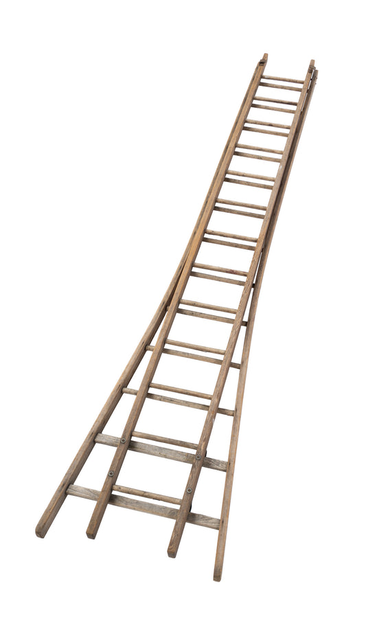 Beautiful Antique extendable French Orchard ladder crafted from aged timber with a wide base and tapering top - would make a lovely hanging pot rack or decorative garden feature 