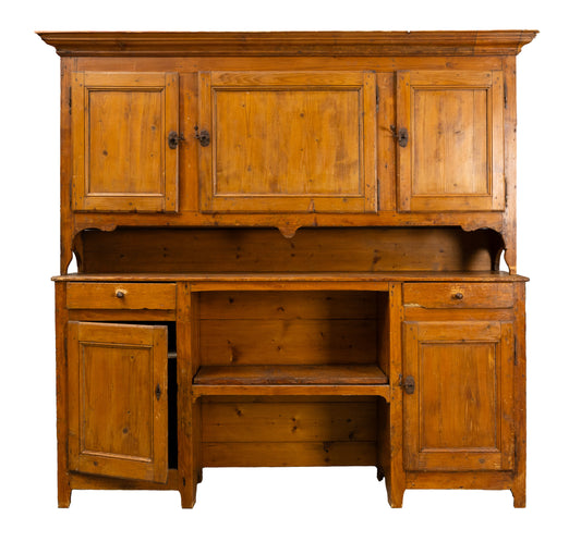 Beautiful Antique French 19th century farmhouse buffet deux corps crafted from solid pine or fruitwood in a warm honey-toned wood patina, hand-cut joinery and iron hardware from the Alps