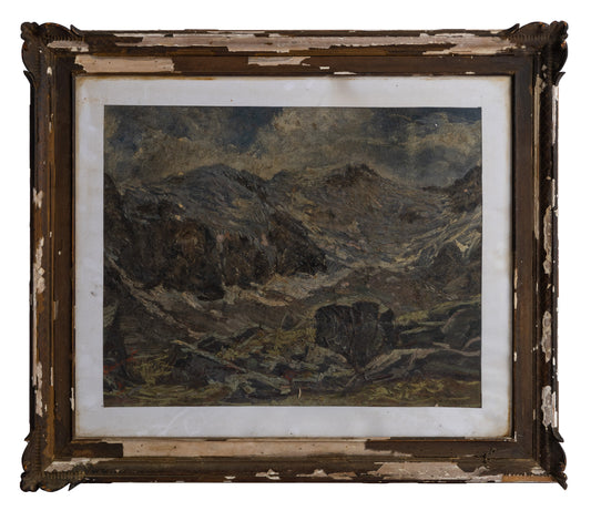 Late 19th century moody impressionistic landscape painting in aged, distressed frame enhancing its antique character.