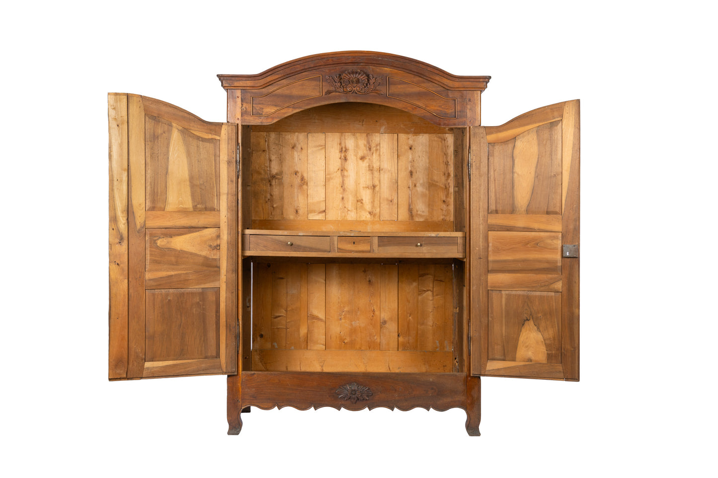 Antique French 19th Century Walnut armoire with beautiful carvings to the facade from Provence.