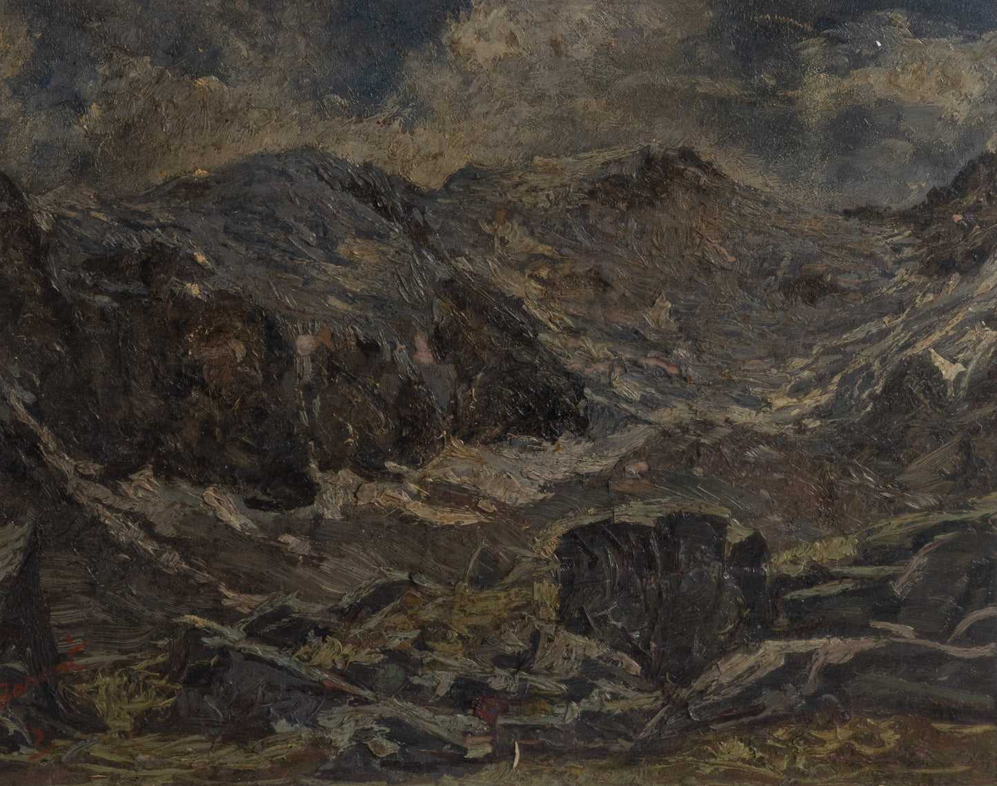 Late 19th century moody impressionistic landscape painting in aged, distressed frame enhancing its antique character.