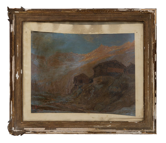 Late 19th century rustic mountain scene framed in a distressed, aged frame.