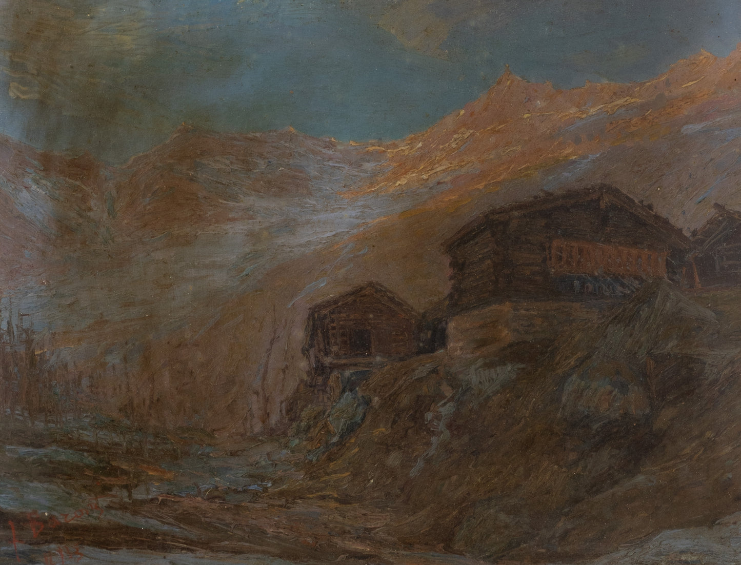 Late 19th century rustic mountain scene framed in a distressed, aged frame.