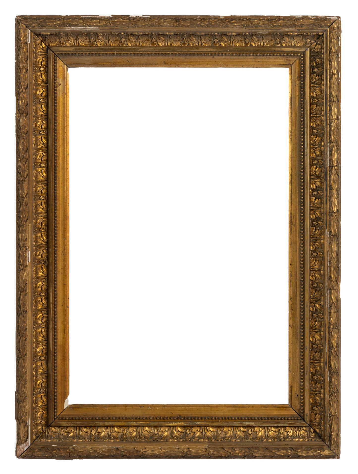 Beautiful Antique French 19th Century giltwood frame, richly carved featuring intricate floral motifs and beaded detail in a beautifully distressed and aged frame addicting to its ornate character.