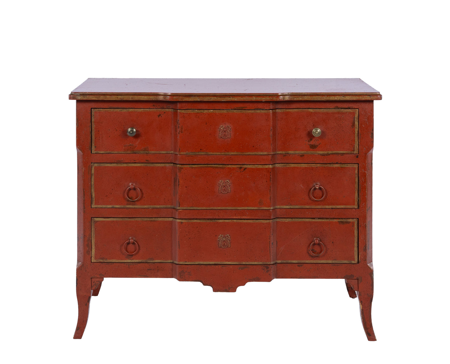 Beautiful red empire commode from Provence a beautiful aged patina and three drawers with decorative drawer pulls.