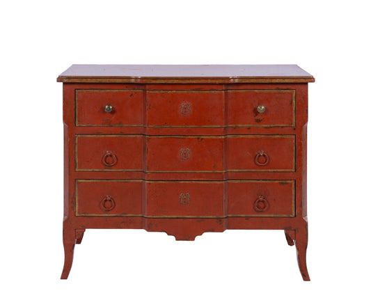 Beautiful red empire commode from Provence a beautiful aged patina and three drawers with decorative drawer pulls.
