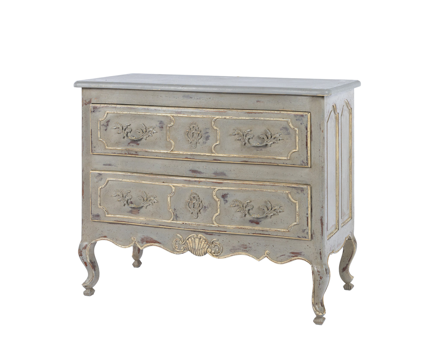 Antique French Louis XV style commode with a lovely time worn grey patina and hand carved coquille shell carvings and raised panel drawer fronts from Provence