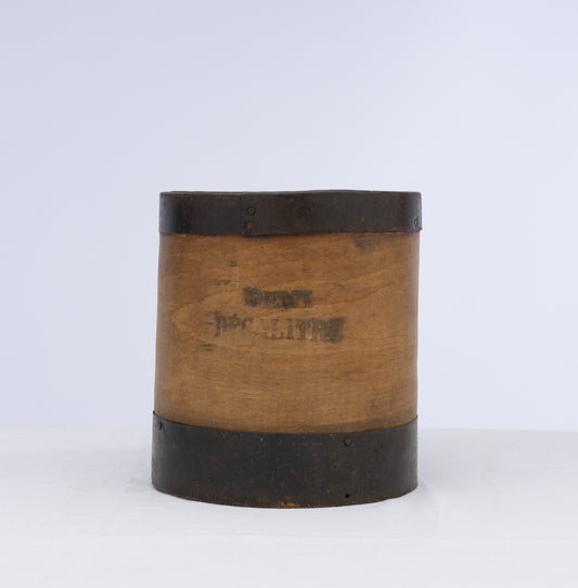 Vintage French timber 'demi décalitre' grain measure with metal bracing from Aix les bains