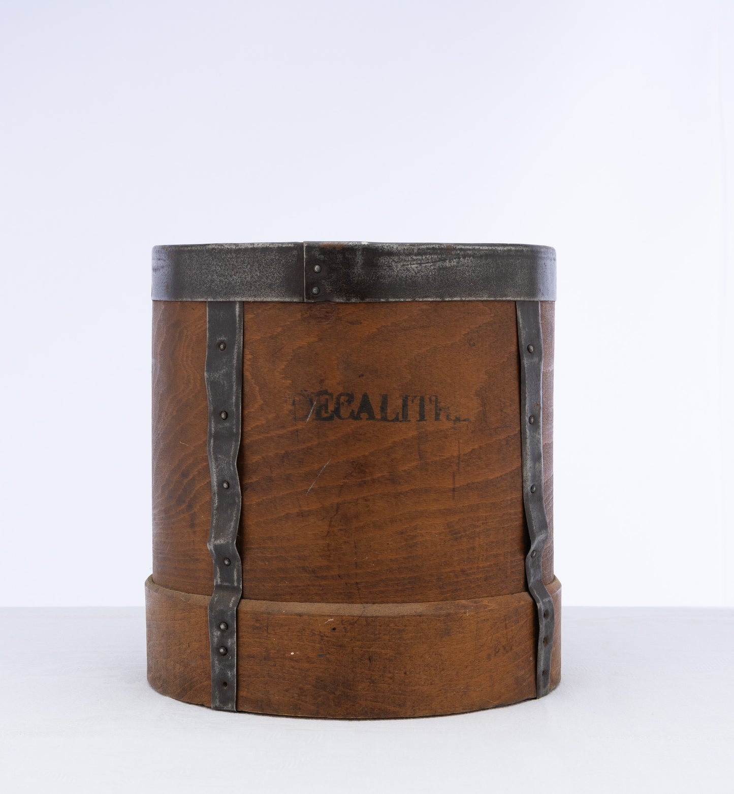 Vintage French timber 'décalitre' grain measure with metal bracing from Aix les bains