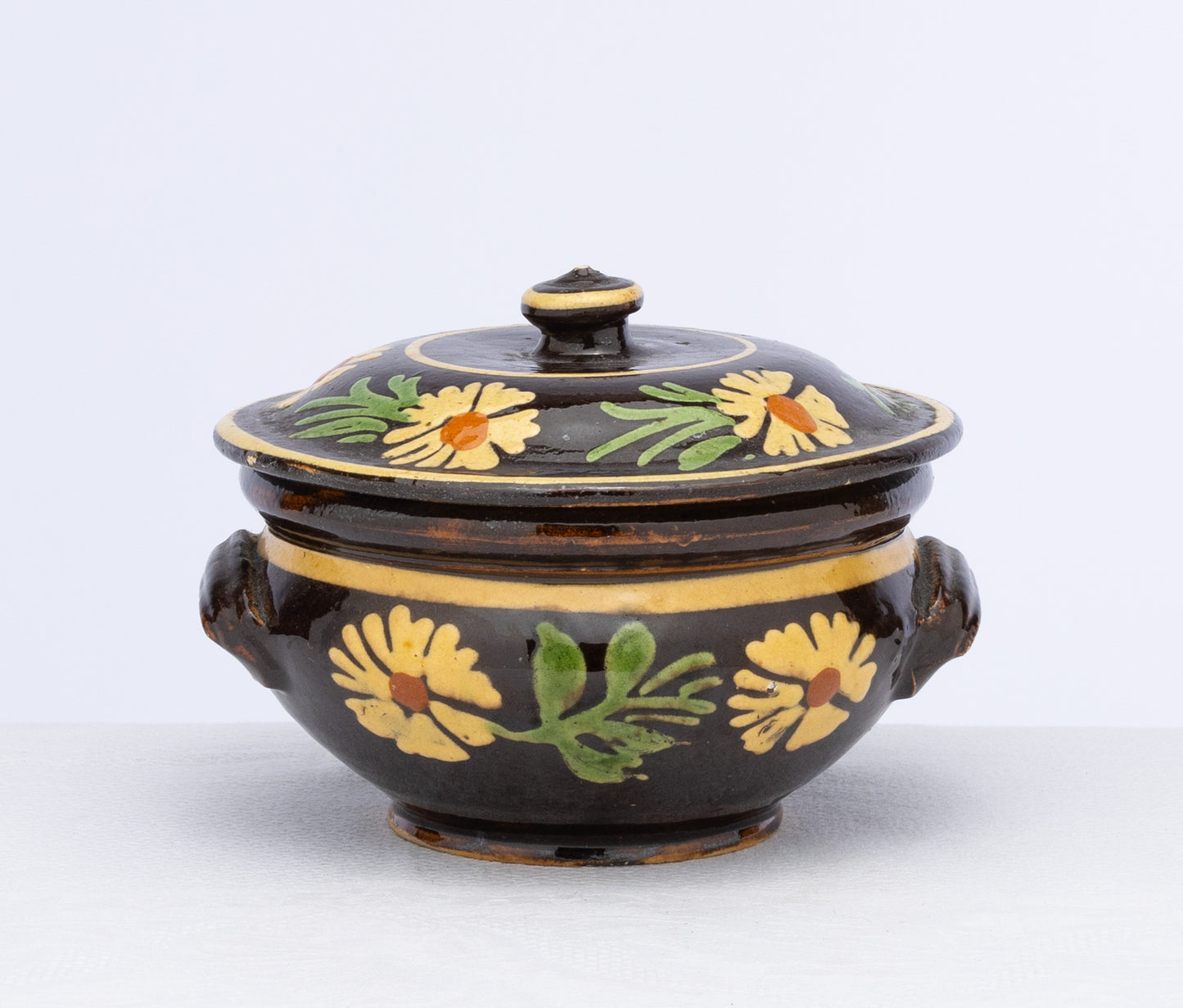 Gorgeous hand painted and glazed tureen with lid from the French Alps with lovely daisy motifs