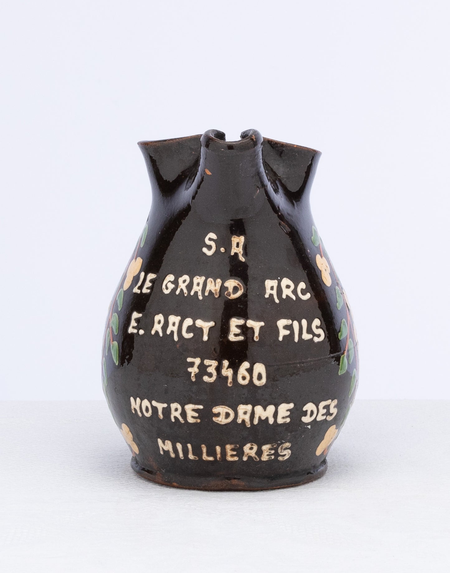 Vintage French Savoyard hand painted jug with French inscription 'Notre-Dame-des-Millières'