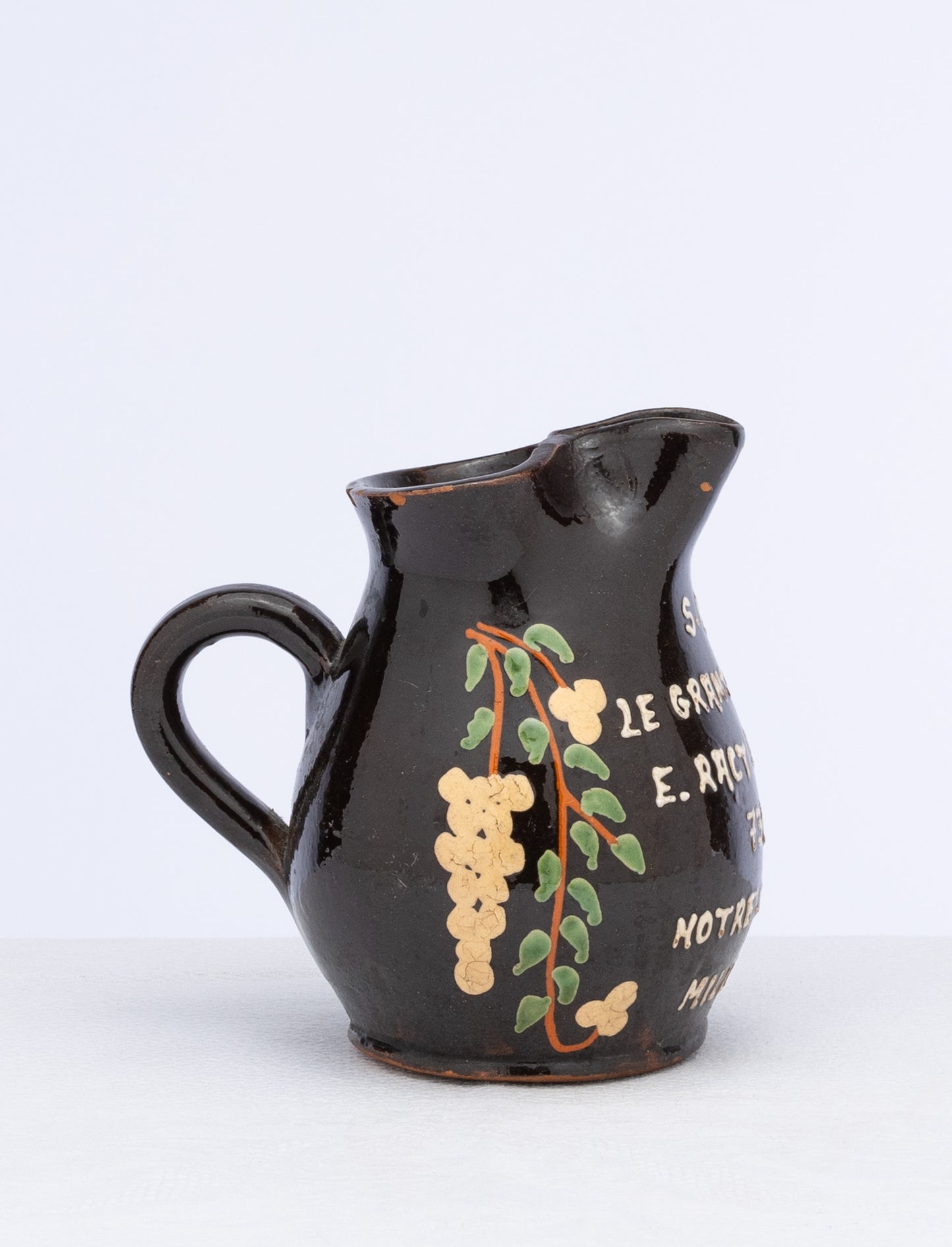 Vintage French Savoyard hand painted jug with French inscription 'Notre-Dame-des-Millières'