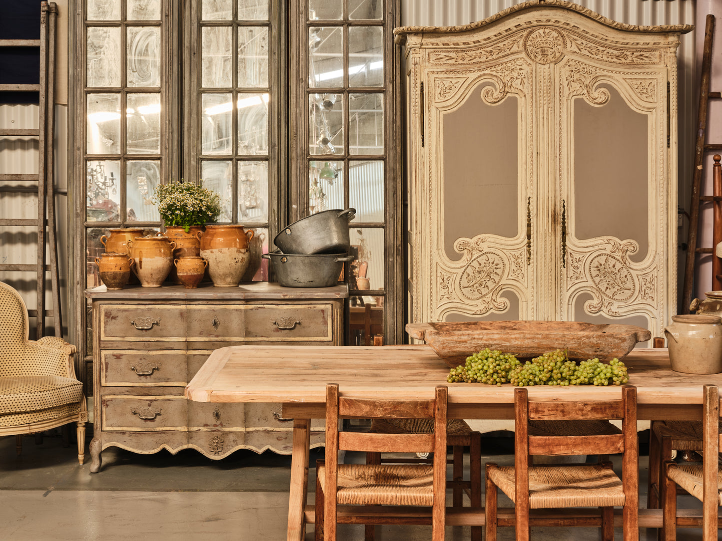 Beautiful Antique French Rococo Marriage Armoire with original soft blue and cream painted patina from Provence