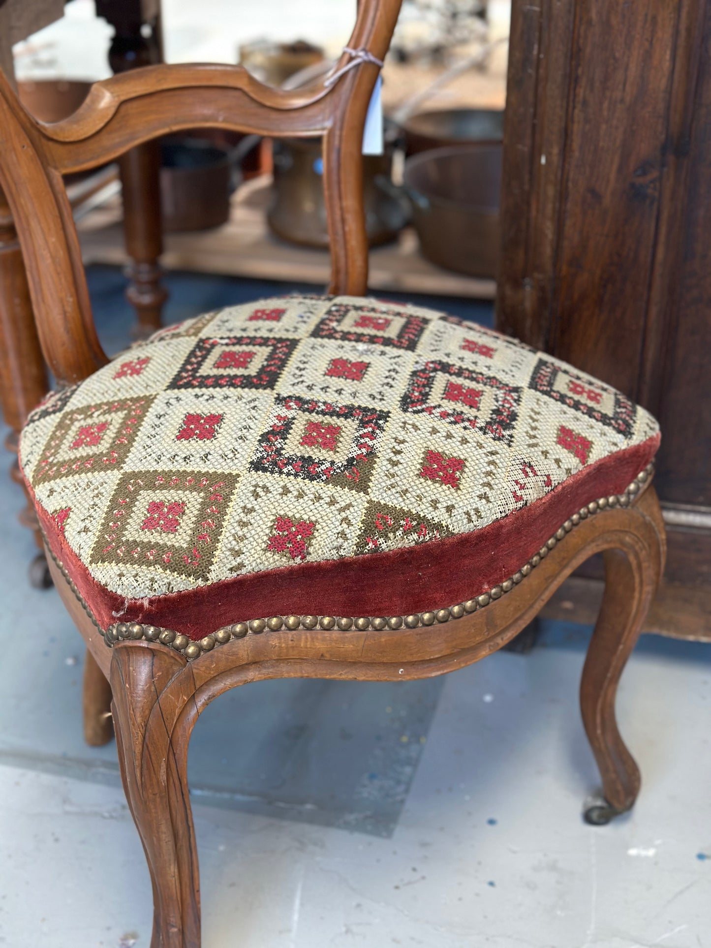 Antique French walnut balloon back dining chair