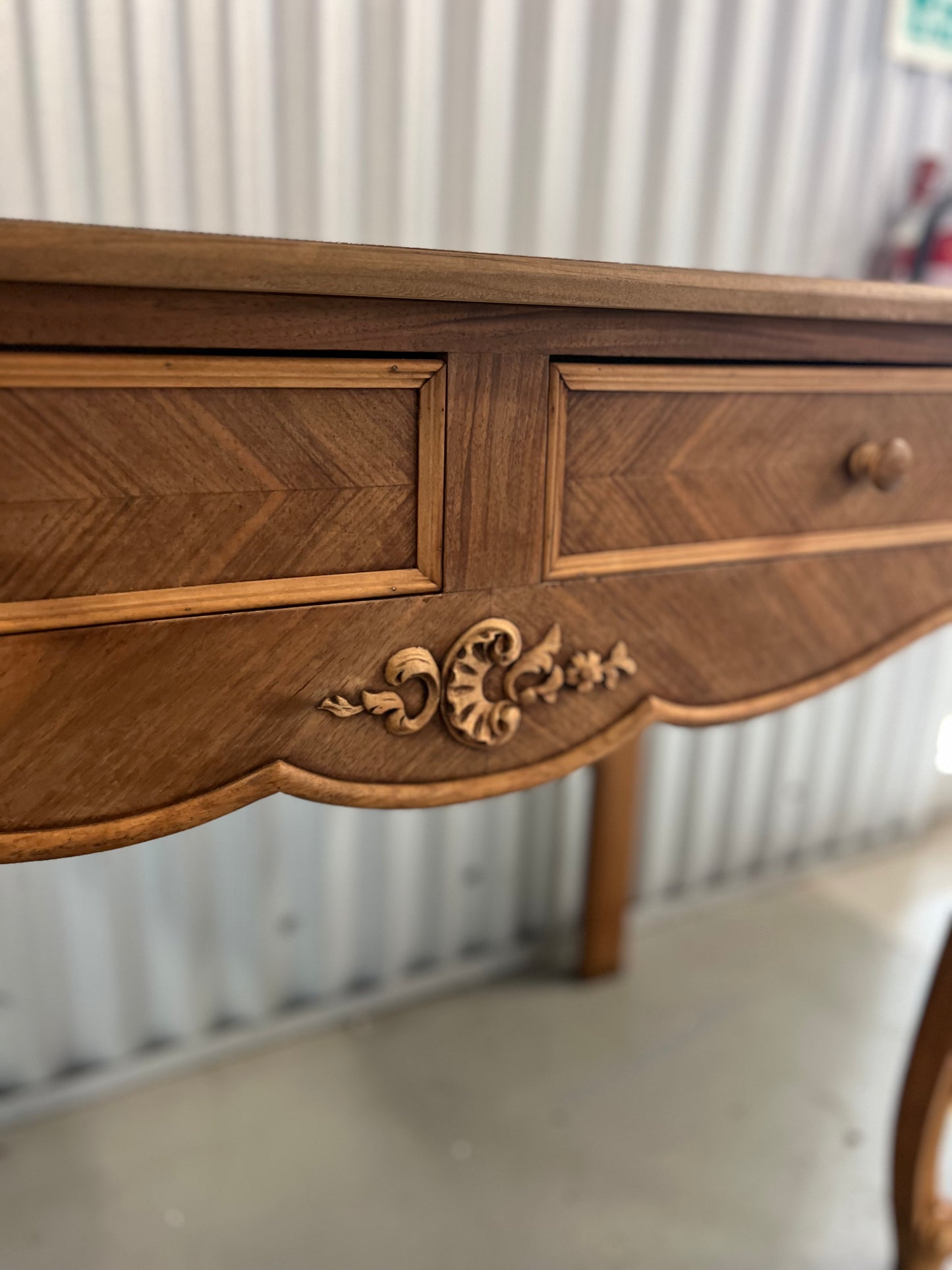 Beautiful Vintage French vanity with cabriole legs, floral carvings and a lovely parquetry top.