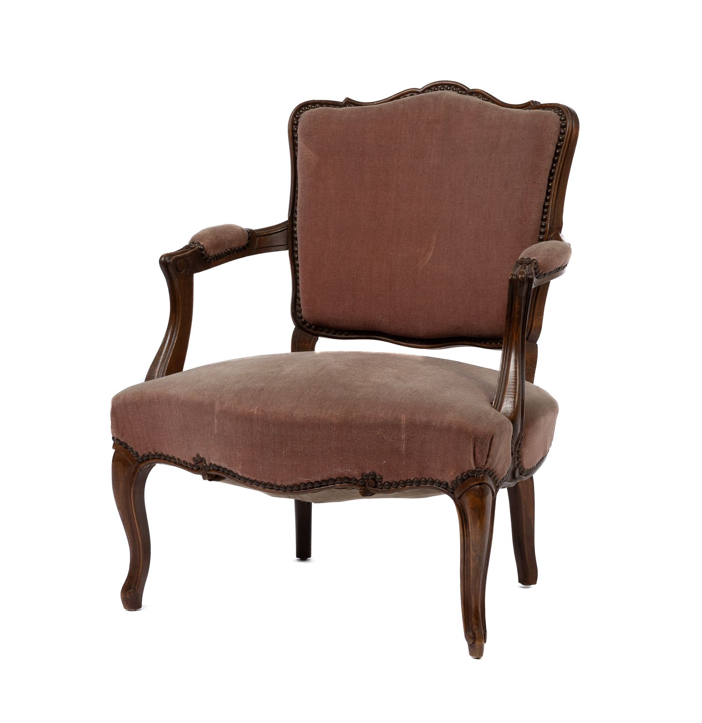 Gorgeous antique French armchair with dusty pink velvet and studwork. Discovered in Paris.
