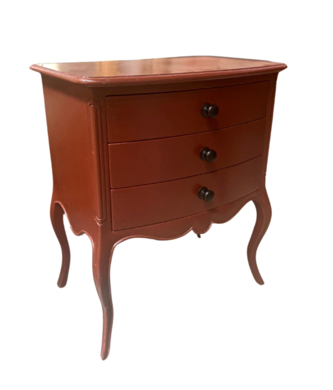 Vintage French Red painted bedside table with 3 front drawers from Provence.