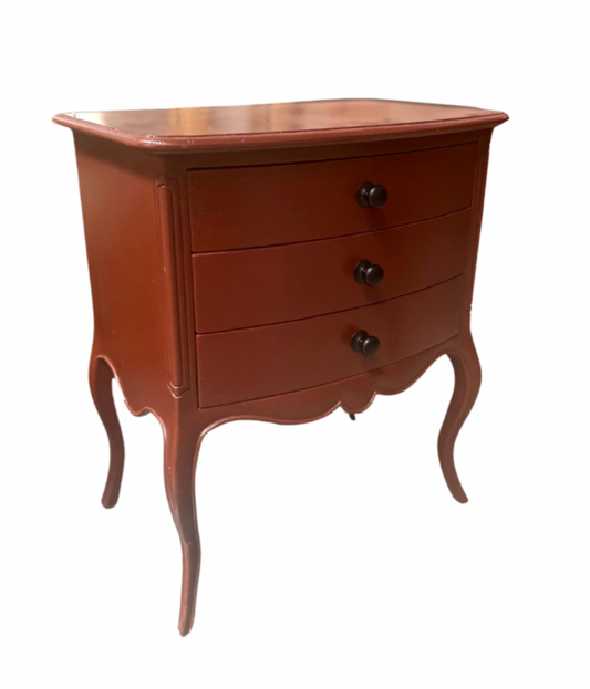 Vintage French Red painted bedside table with 3 front drawers from Provence.