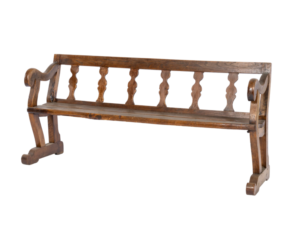 Antique French aged oak bench seat with elaborate back rest and armrest detail from Annecy