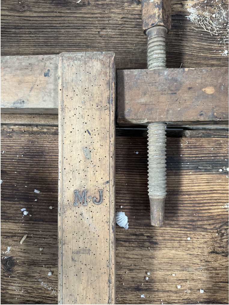 Impressive pair of large antique French timber vices from the French Alps with embossed initials