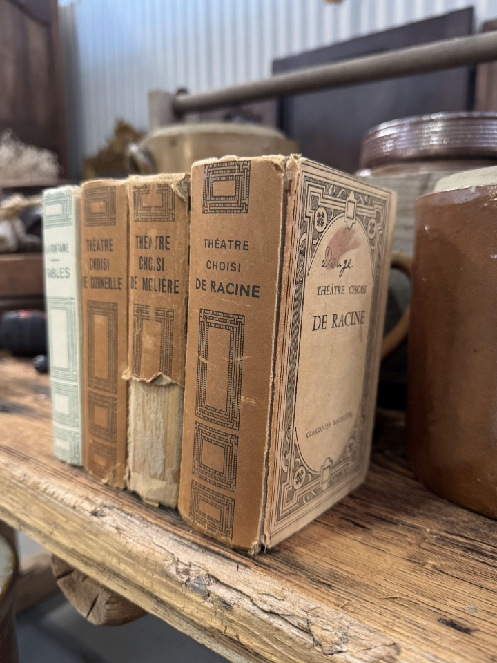 A stack of 4 vintage French hard back books of Theatre and Fables found in Provence