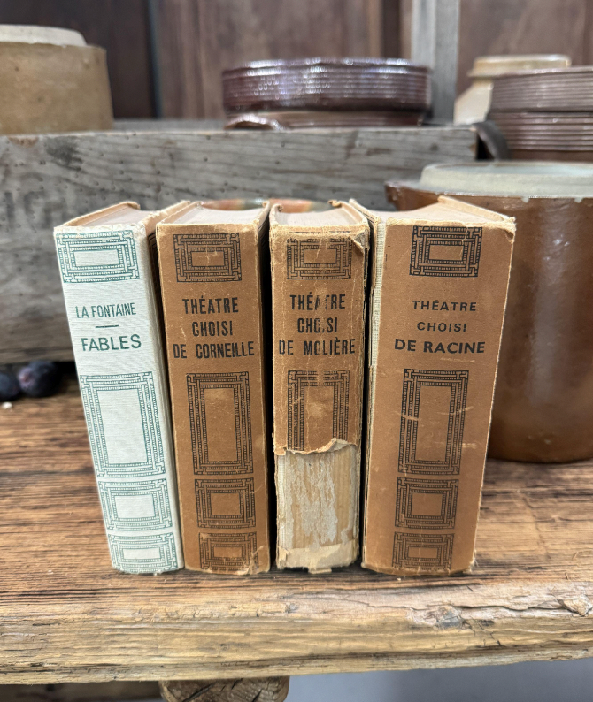 A stack of 4 vintage French hard back books of Theatre and Fables found in Provence
