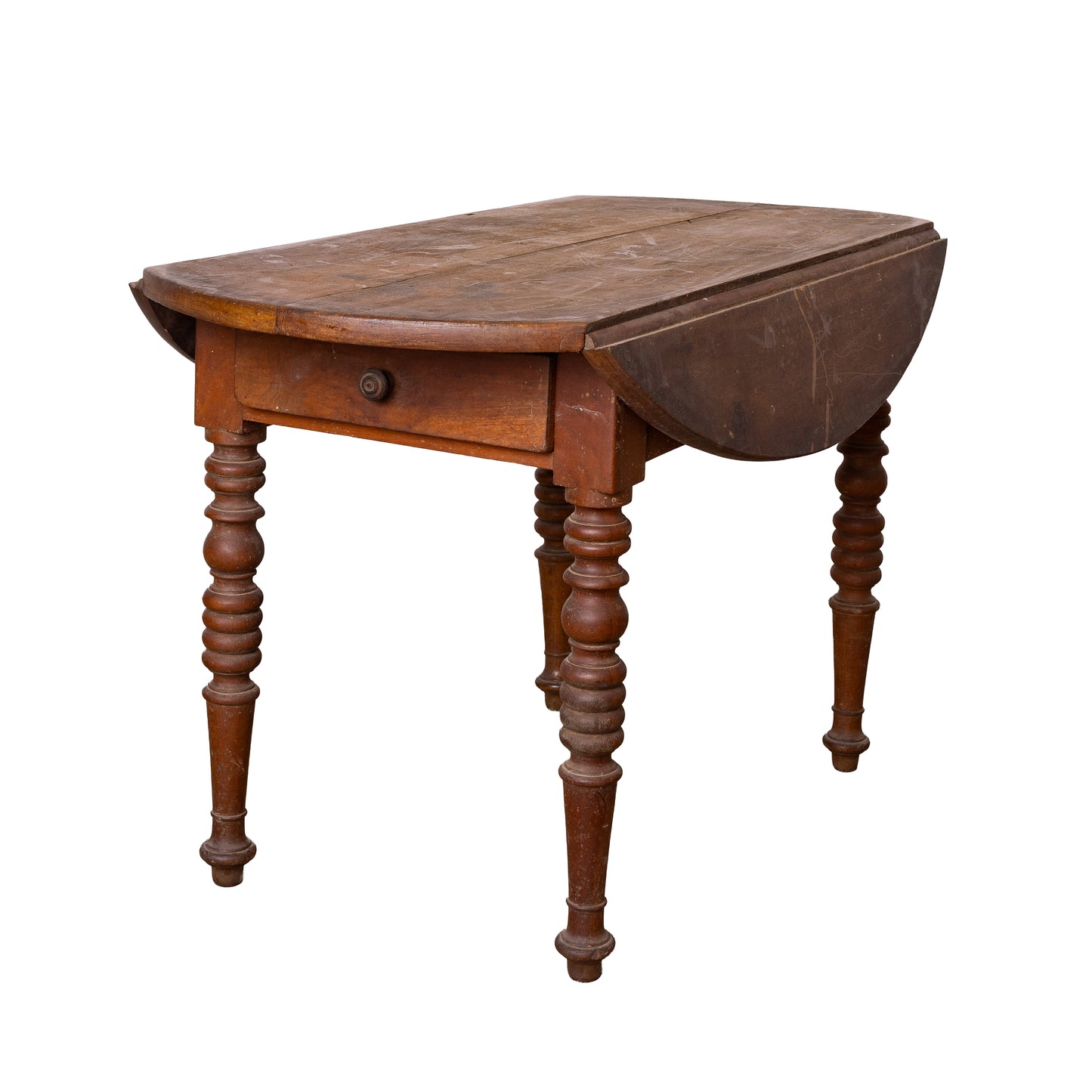 Charming alpine round farmhouse table with drawer and folding sides from the French Alps