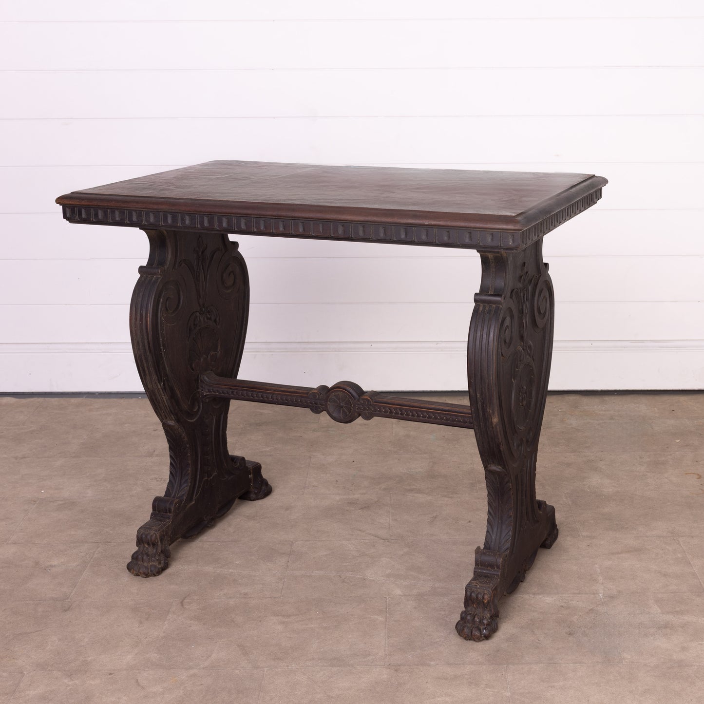 Beautiful 18th century hall console table from a chateau in the Alps with decorative carvings and detailed stretcher base