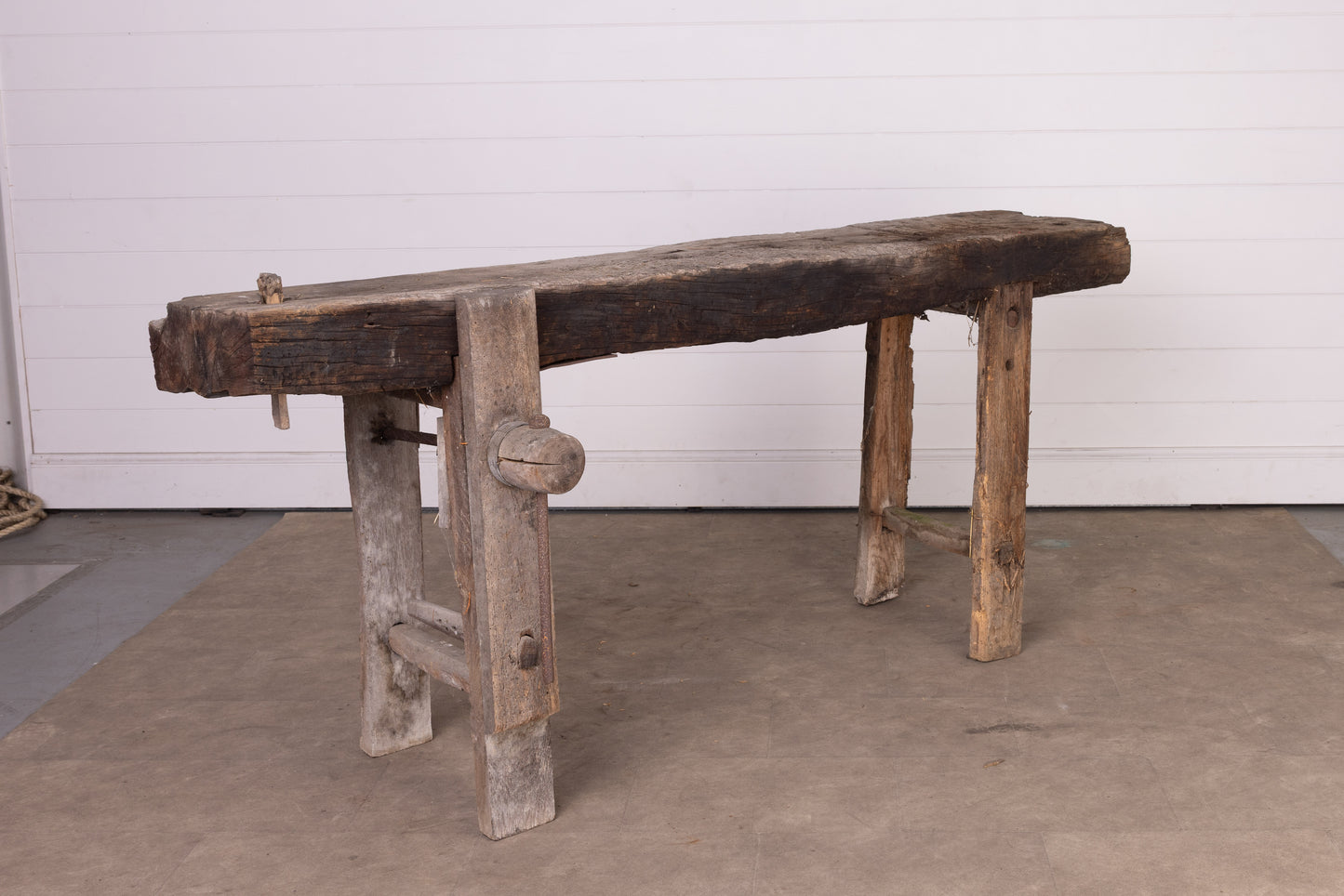 Antique French rustic 'Etabli' Workbench with vice and storage from a chateau workshop in the French Alps