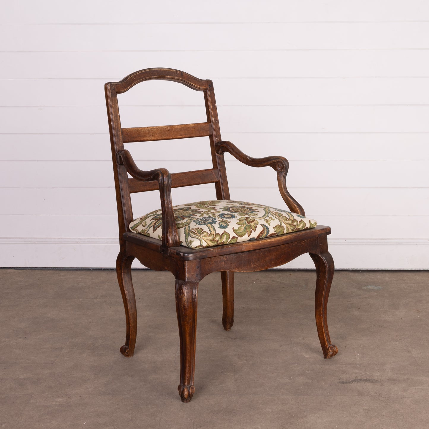 Antique French solid timber armchair with floral upholstered seat from Annecy