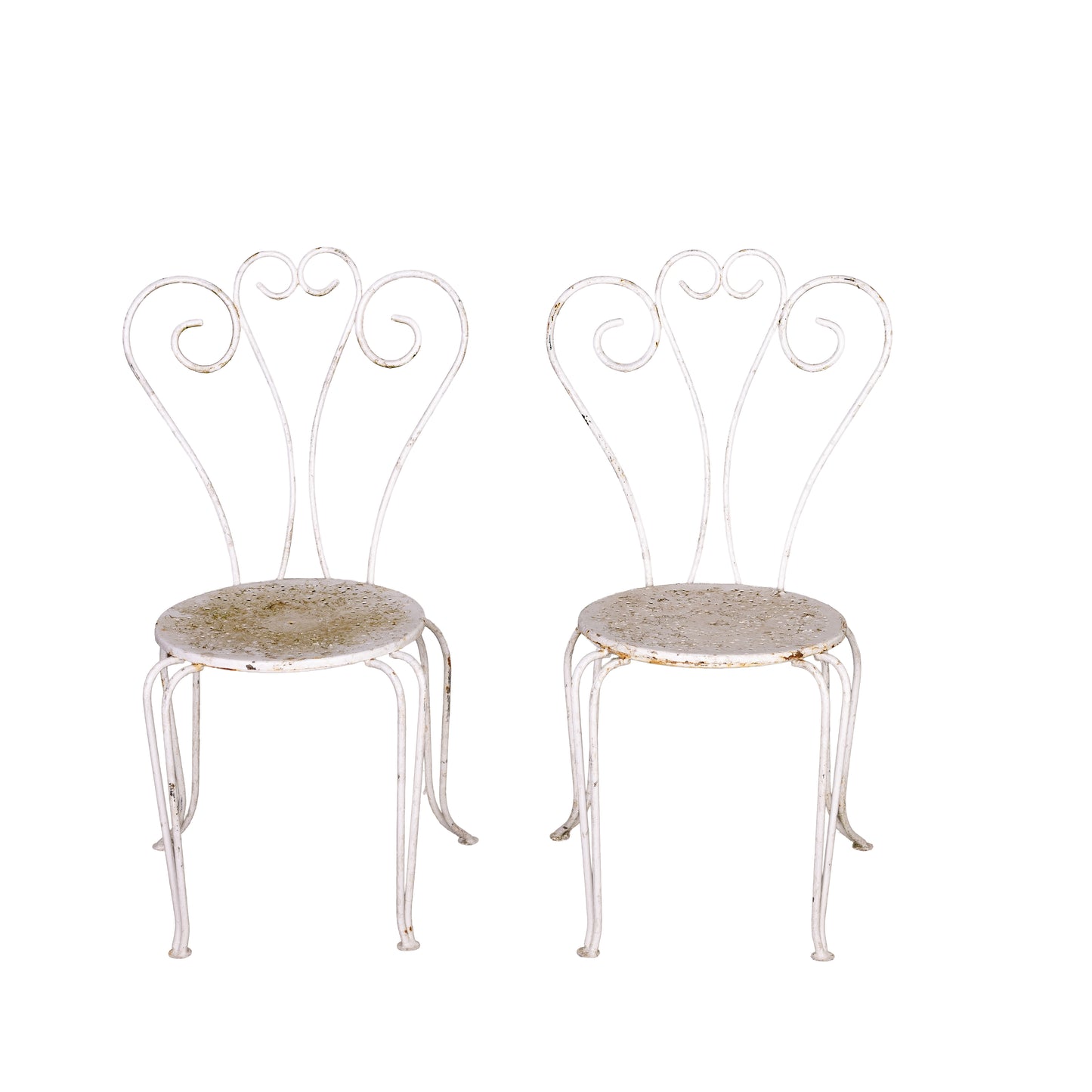 Pair of Vintage French outdoor wrought iron armchairs with a white patina