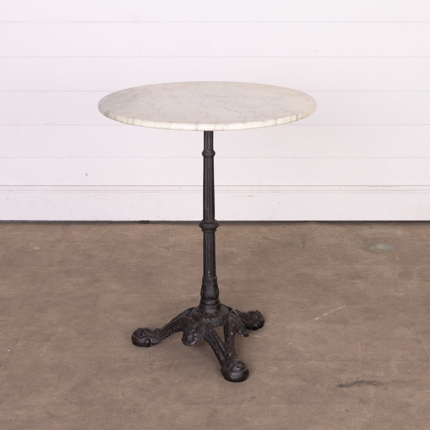 Vintage French outdoor Marble top bistro table with wrought iron base from L’Isle-sur-la-Sorgue