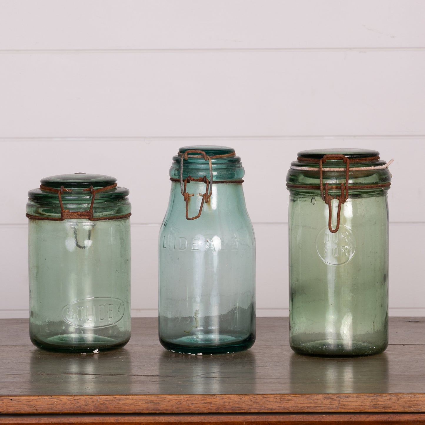 Set of 3 charming green glass storage jars from Provence