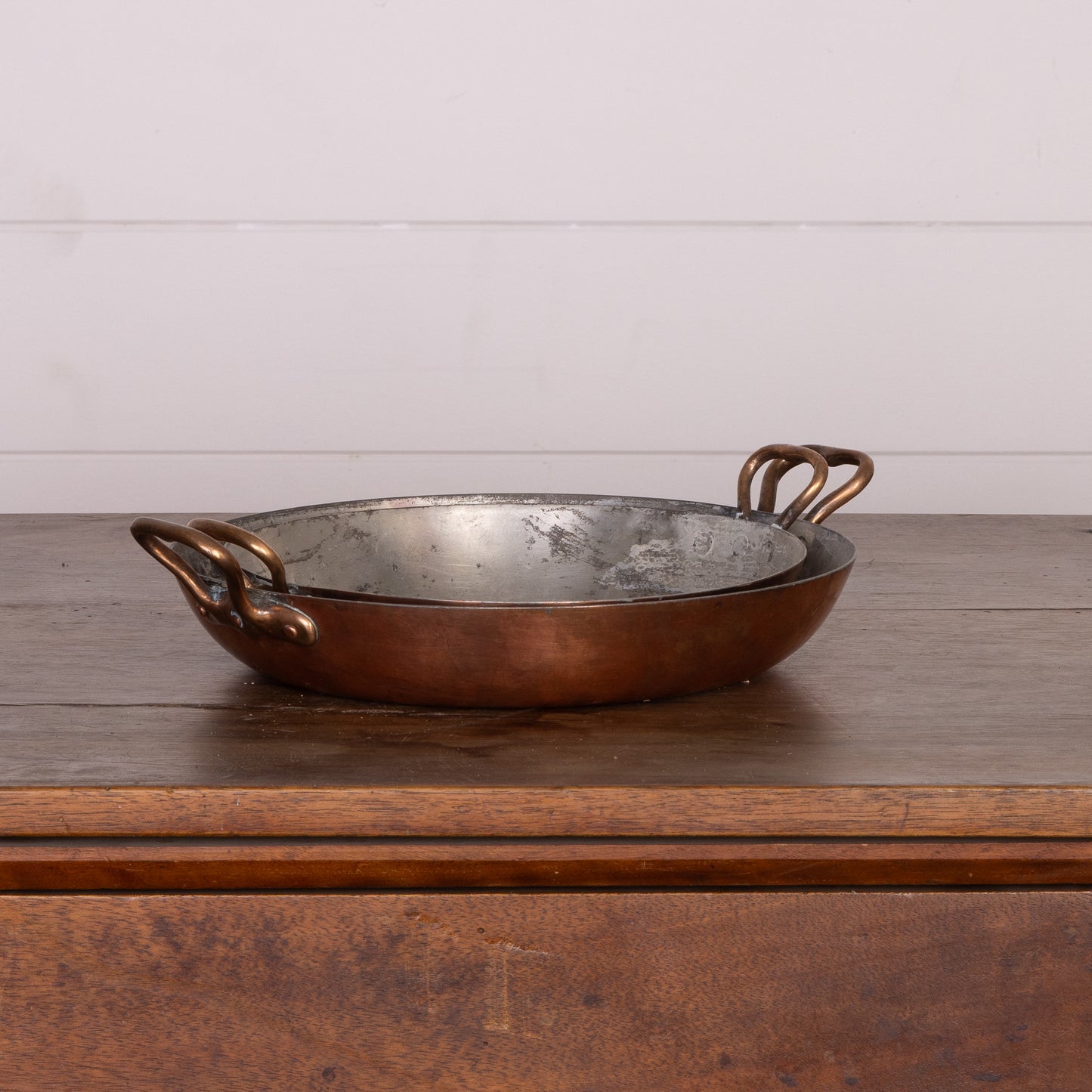 Pair of stackable Vintage French oval copper shallow pans from Provence - ideal for serving sushi or oysters